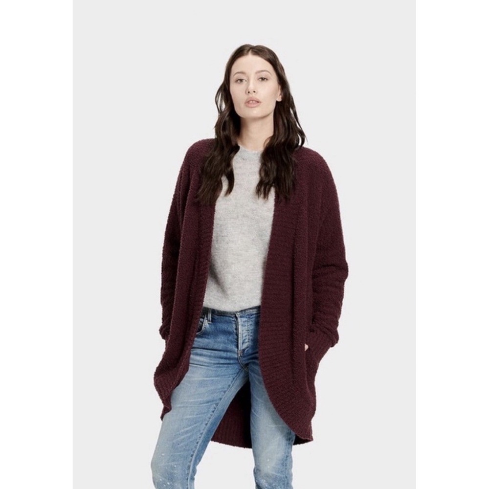 UGG Australia Fremont Cardigan Sweater Medium Burgundy Fluffy Fuzzy Knit Open